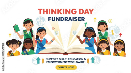 Diverse Children Reading Open Book Together for Thinking Day Fundraiser