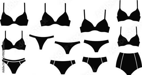 Women lingerie and underwear silhouette set, bra and panties collection, black vector illustration isolated on white background