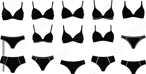Women lingerie vector icon collection, black and white underwear silhouettes set, bra and panties variations, minimal fashion illustration design