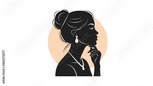 Elegant silhouette of a woman's profile with an updo hairstyle, pearl necklace, and earring, against a soft circular background.