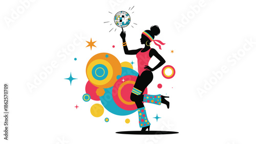 Silhouette of a dancing disco girl in 70s attire holding a disco ball, with a colorful retro circular background and stars.