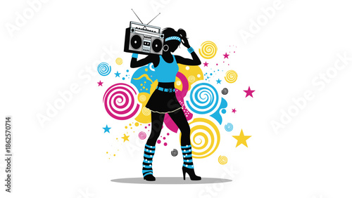 Silhouette of an 80s retro-style woman in athletic wear holding a boombox, with colorful swirls and stars in the background.