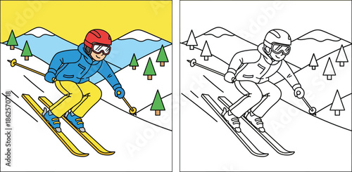 Coloring book page for kids with skier vector illustration. Winter sport activity worksheet with color reference and outline. Cute cartoon skier sliding on snow mountain.
