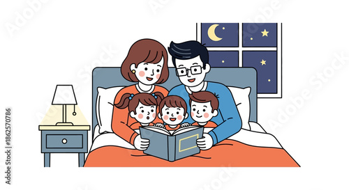 Family reading bedtime story together in bed at night.