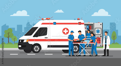 Emergency medical team with ambulance on city street.