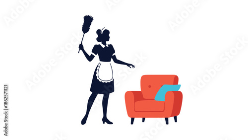 Silhouette of a housemaid in a classic uniform and apron holding a feather duster next to a modern red armchair.
