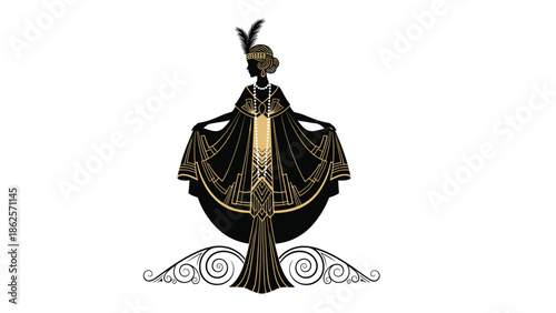 Elegant Art Deco illustration of a 1920s flapper woman in a black and gold gown with a feather headband and pearls.
