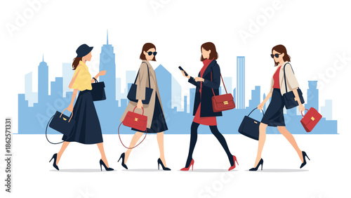 Four stylishly dressed women walking on a city street, carrying handbags and looking at a smartphone against a city skyline.
