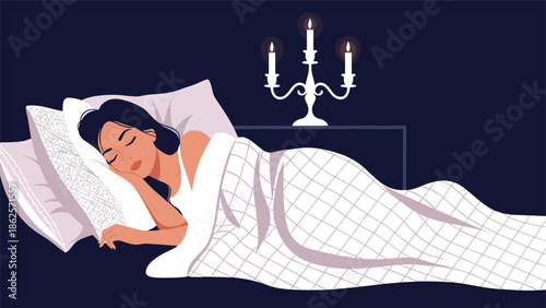Beautiful young woman sleeping peacefully in a comfortable bed at night, with a candelabra providing soft light on the nightstand.