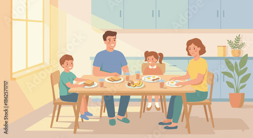 A warm family breakfast scene in clean vector illustration style. A modern kitchen with soft pastel colors, parents and two children sitting around a wooden dining table,