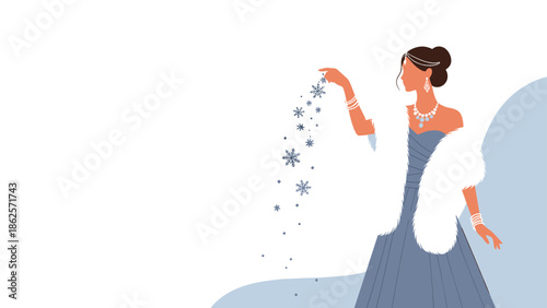 Elegant woman in a beautiful evening gown and white fur stole, gently blowing a cascade of delicate snowflakes from her hand.