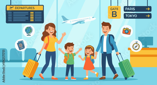 A happy family travel scene illustrated in vector style. Parents and children standing with suitcases at an airport or train station, travel signs in the background. Clean flat design, bright colors, 