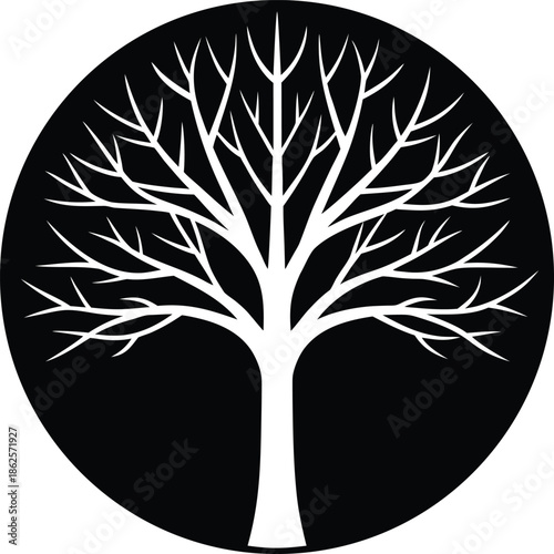 White Tree Silhouette Inside Black Circle Vector 2