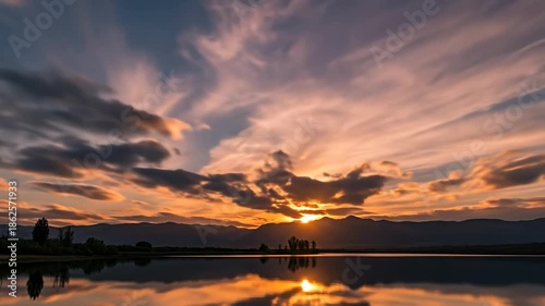 Golden sunset reflecting on a tranquil lake surrounded by mountains and trees.