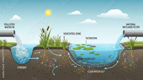 Wastewater Treatment Process in Natural Wetland Filter with Vegetated Zone and Clean Water Output