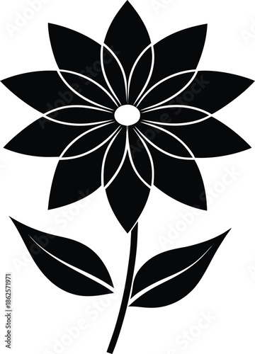 Black flower silhouette with white petal outlines and two leaves