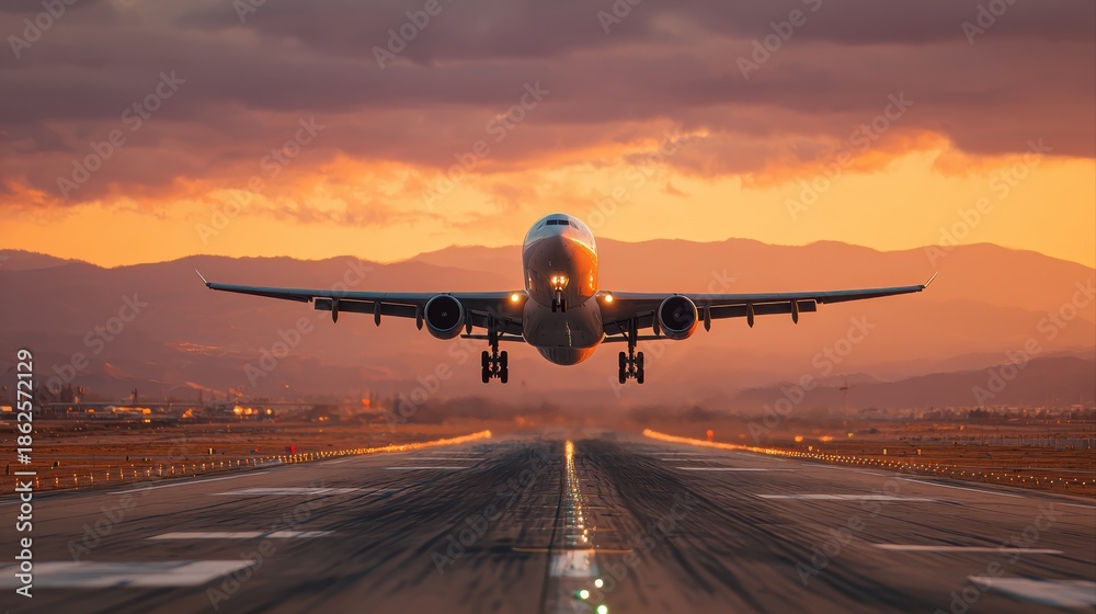 Fototapeta premium Traffic at airport at golden sunset. Wide shot of passenger airplane taking off from runway.
