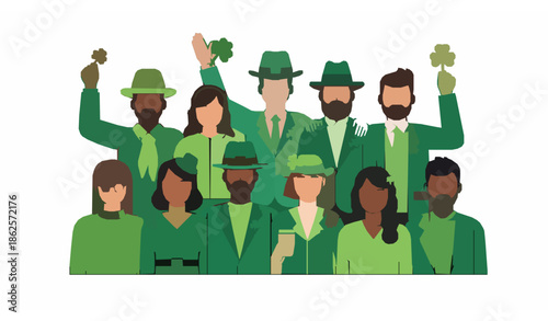 Flat style St Patrick’s Day people characters celebrating in green outfits vector