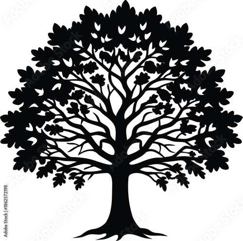 Minimalist black oak tree silhouette vector graphic