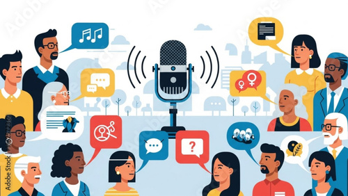 Podcast Microphone Surrounded by Diverse People Communicating Online