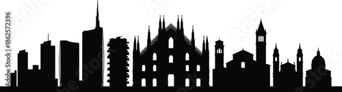 Milan Italy city skyline silhouette vector illustration, urban landscape with Duomo cathedral and Unicredit Tower, black and white design graphic