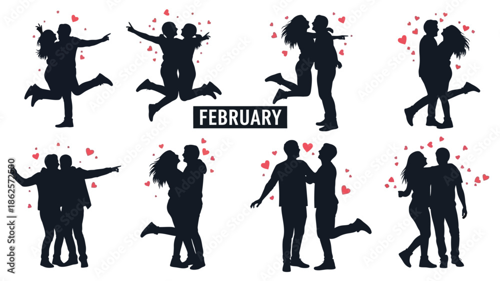 Obraz premium Couple silhouettes dancing together with hearts for valentine's day