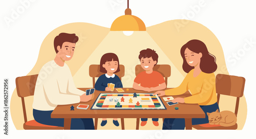 A family game night scene in flat vector illustration style. Parents and kids gathered around a table playing a board game, cards and dice visible. Minimalist shapes, soft lighting, warm color palette