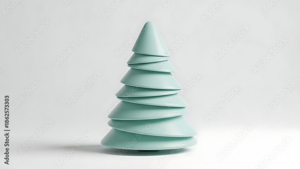Fototapeta premium A minimalist teal Christmas tree decoration with stacked conical layers on a white background.