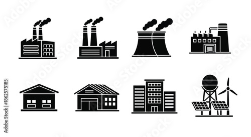 Industrial buildings and renewable energy sources in simplified black and white icons