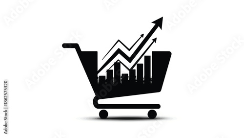 Shopping cart silhouette with upward trending graph symbolizing business growth and success