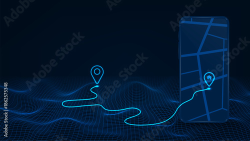 Application smartphone GPS abstract vector pin icon on blue city map with white line connection.