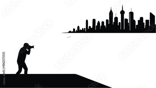 Silhouette of photographer capturing distant cityscape with modern skyline