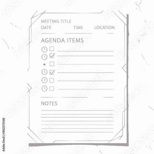 A grayscale illustration of a meeting agenda template with sections for title, date, time, location, agenda items, and notes