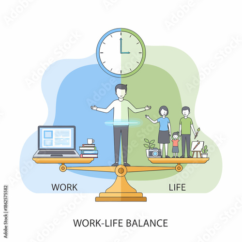 Man achieving work-life balance on a scale with work and family on either side