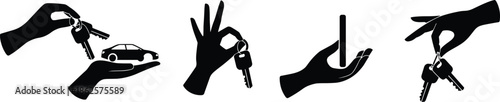 Car key gestures, hand silhouettes, vehicle ownership, car rental concept, key exchange, approval sign, driving symbol, auto transaction, black icons, transportation theme, car handover, car purchase