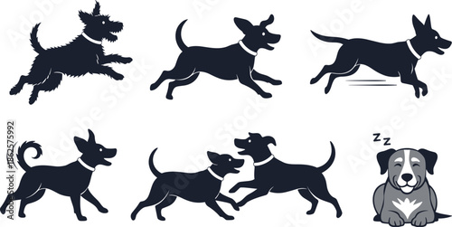 Cartoon dog silhouette illustration, playful canine poses, activity sequence, vector pet art, running, jumping, wagging, playing, sleeping, storytelling