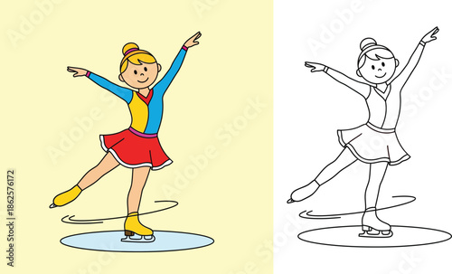 Cute girl figure skater vector illustration. Cartoon ice skating character. Coloring book page design showing colored version and black and white outline for kids activity.