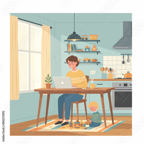 A woman working on a laptop at a table in a kitchen while a child plays on the floor