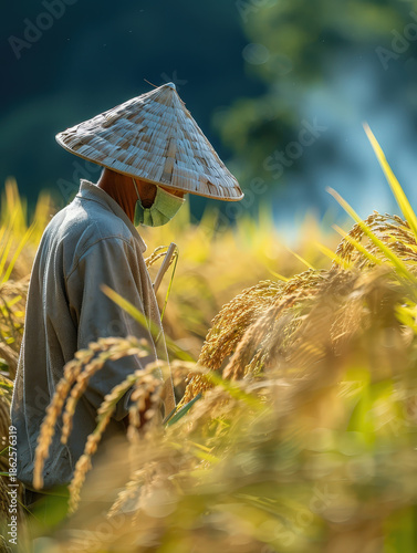 farmer, harvest, asian, senior, man, field, paddy, grain, rural, thailand, worker, traditional, lifestyle, organic, food, golden, nature, sustainability, abundance, prosperity, growth, success, herita