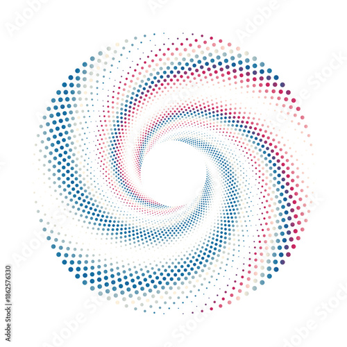 Abstract swirling pattern of red blue and white dots on a white background