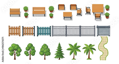 A collection of park furniture fences trees and pathway elements in top view