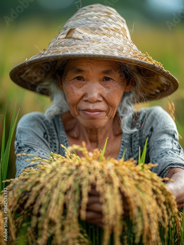 farmer, harvest, asian, senior, man, field, paddy, grain, rural, thailand, worker, traditional, lifestyle, organic, food, golden, nature, sustainability, abundance, prosperity, growth, success, herita