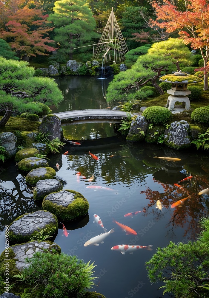 Fototapeta premium Serene outdoor oriental garden showcases a tranquil pond with colorful fish, stone bridge, and traditional water feature