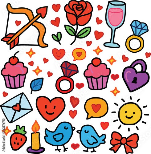 Colorful Valentines Day Illustrations with Hearts and Cupcakes