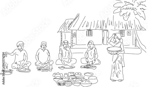 Hand drawn cartoon sketch illustration of a happy family with children in a simple outline style