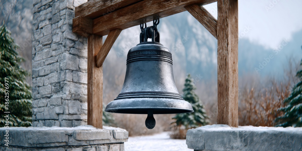 Fototapeta premium Old bell resting in stone and wood structure during winter