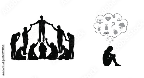 A group of people united contrasted with a solitary figure in thought