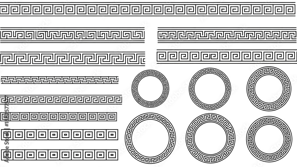 Greek Key Border Patterns and Circular Frames Geometric Decorative Motifs meander