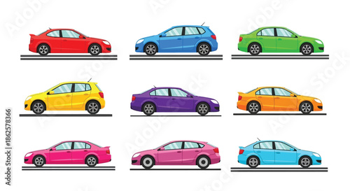 Colorful cartoon cars in a grid arrangement side view illustrations
