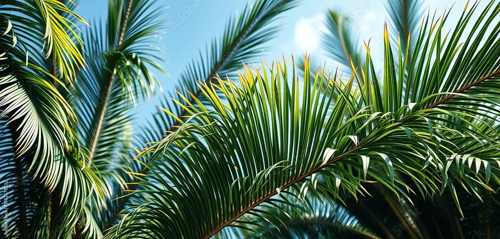 Fototapeta premium Fronds of a lush, tropical palm tree swaying gently in the breeze, exotic, vibrant